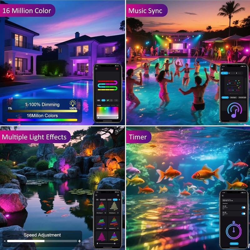 T-SUN Color Changing Pond Lights LED Underwater Fountain Lights with Bluetooth APP Control, IP68 Waterproof Submersible Spotlight for Aquariums, Fish Tanks, Pools, Garden and Yard Ponds (Set of 4) - Image 1
